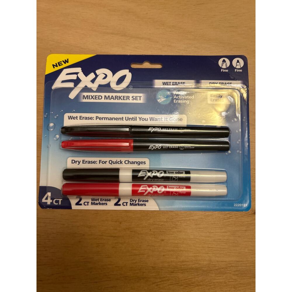 New Expo 4ct Fine Mixed 2 Dry Erase /2 Wet Erase Markers Assorted Red Black